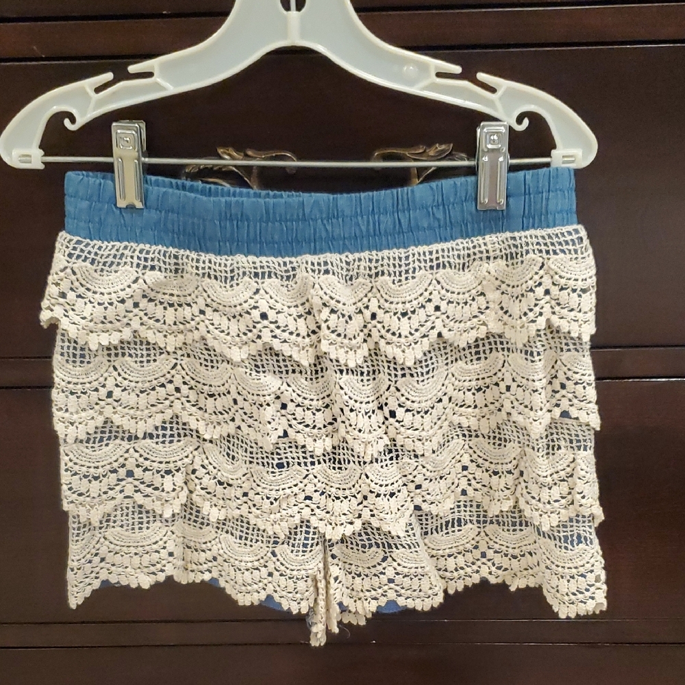 Blue Waist Crochet Lace Overlay Shorts